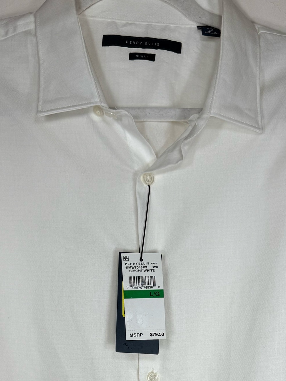 NWT Perry Ellis Men's Large White Slim Fit Stain Resistant Dress Shirt